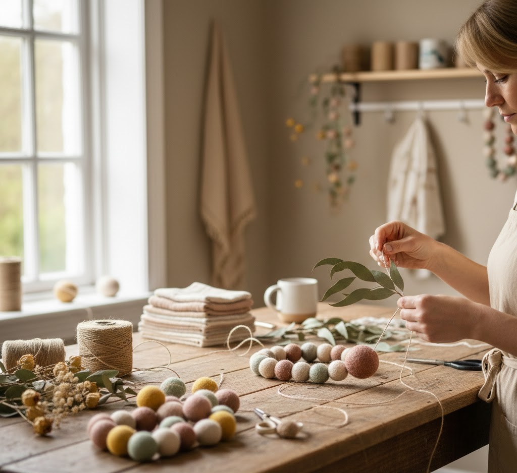 Artisan creating garlands in workshop