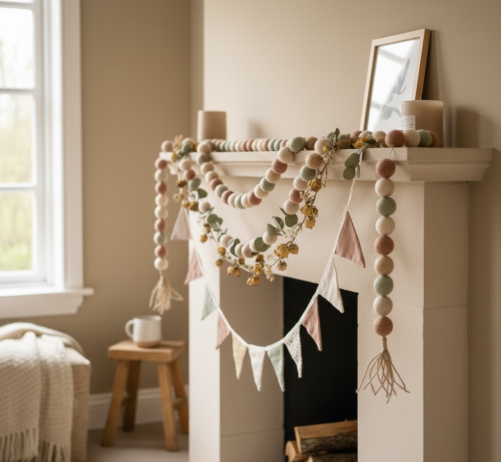 Garland on fireplace mantel