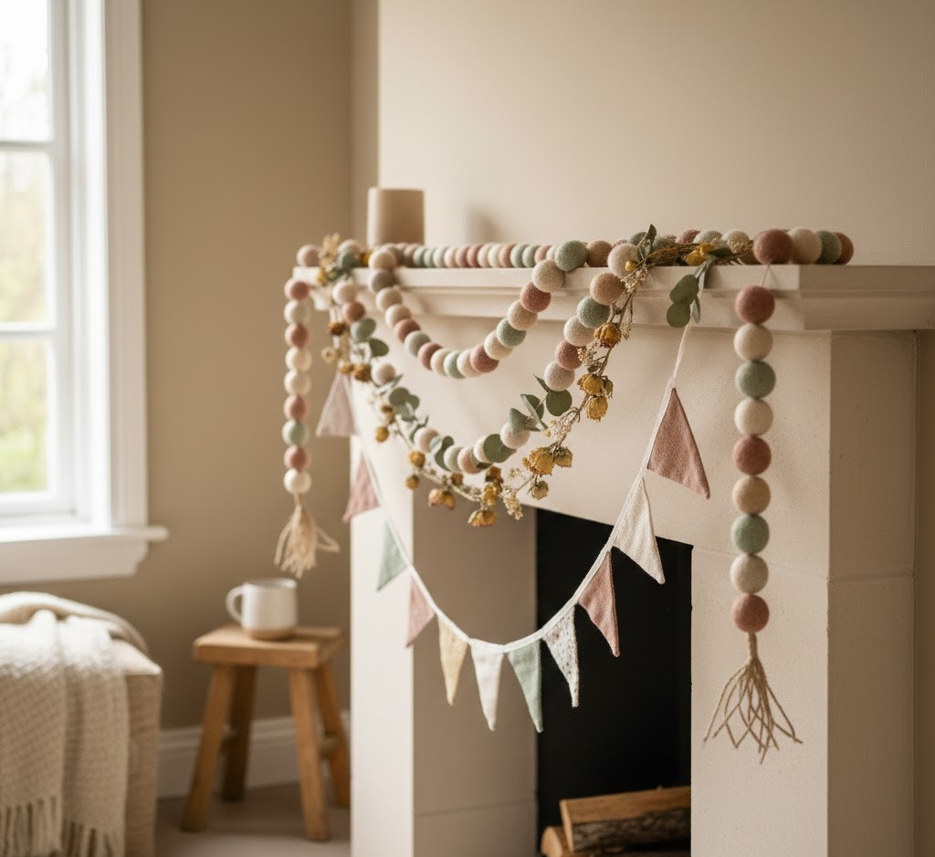 Handmade garlands displayed on a wall